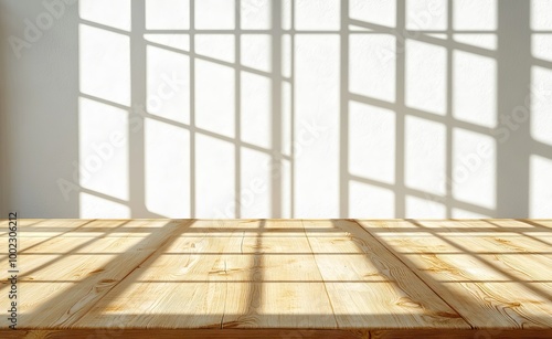 Shadows from a wooden table and a white wall with a plant on it.