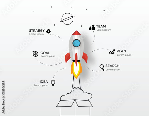 Rocket Launching to Space with Black and White Infographic, Business Starp up Concept2