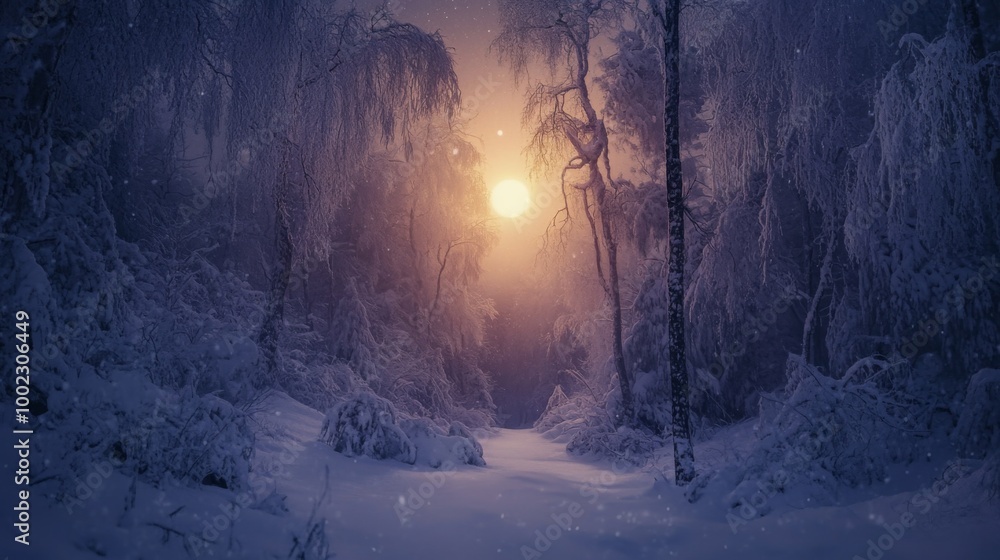 Fototapeta premium Sunlit Path Through a Snowy Forest