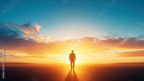 Serene Figure Against Hazy Horizon at Sunset