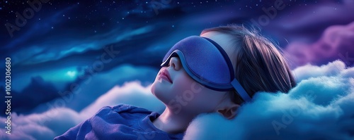 Sleeping little girl wearing a sleep mask, floating on a cloud in a dreamy night sky, soft pastel tones