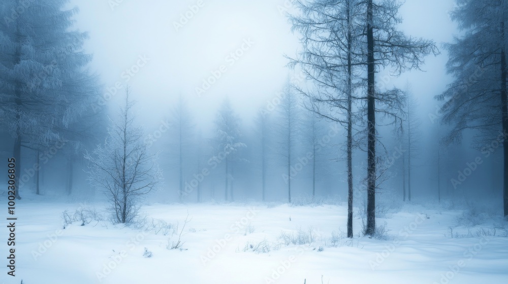 Foggy Winter Forest with Silhouetted Trees and Snow Foggy Winter Forest with Silhouetted Trees and Snow