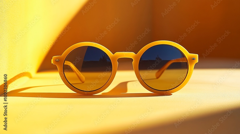 Round yellow sunglasses on a yellow background. Round yellow sunglasses on a yellow background.