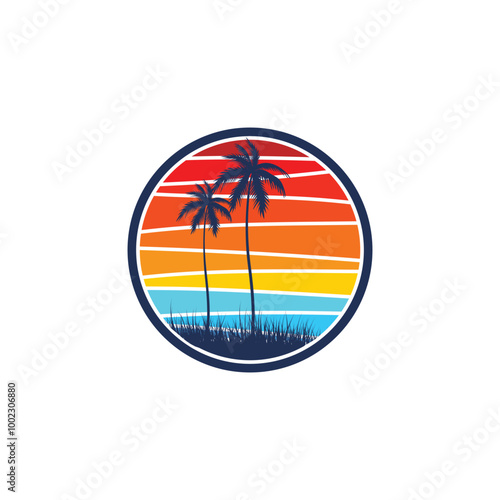 Summer beach sticker with a surfer theme. Emblem with sea wave surfboard and palm tree. Sticker or label or t-shirt print, emblem.
 photo