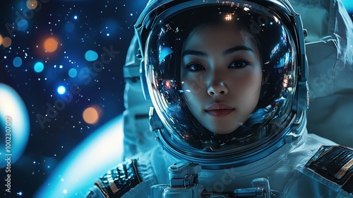 Fototapeta Naklejka Na Ścianę i Meble -  Asian female astronaut wearing spacesuit and helmet in outer space on sparkling star background