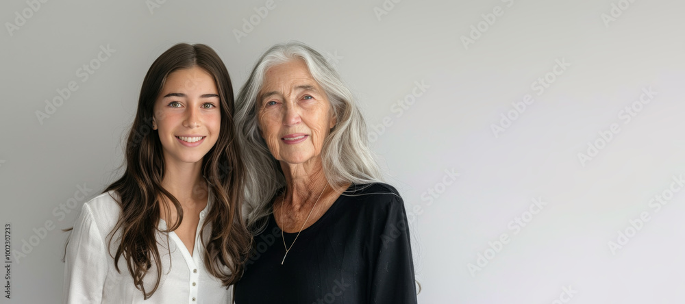 Young woman with senior in casual wear against grey backdrop Young woman with senior in casual wear against grey backdrop