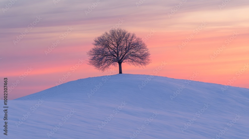 Solitary Tree on a Snow-Covered Hilltop at Sunset Solitary Tree on a Snow-Covered Hilltop at Sunset