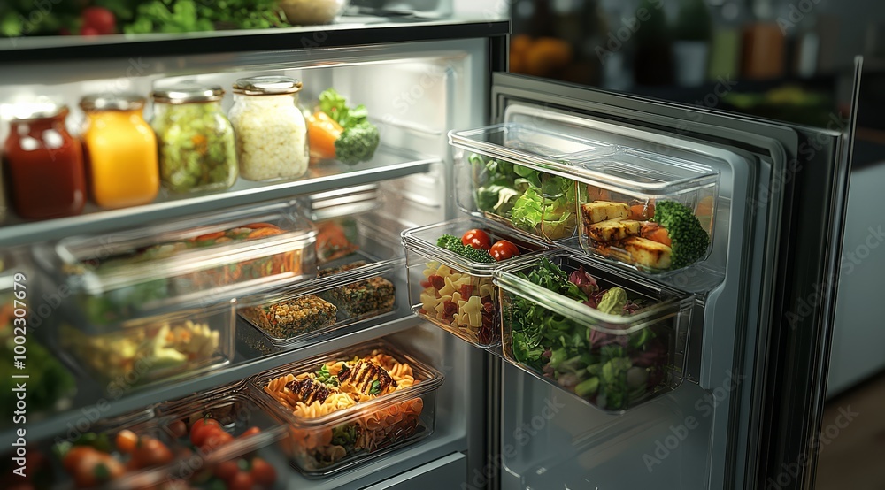 Open refrigerator filled with fresh vegetables, fruits, and prepared meals in various containers, highlighting healthy eating habits. Open refrigerator filled with fresh vegetables, fruits, and prepared meals in various containers, highlighting healthy eating habits.