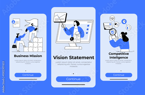 Three panels featuring business concepts. A person holding a flag on a stack of blocks, another presenting on a computer monitor, and a person analyzing data icons. Ideal for business, strategy