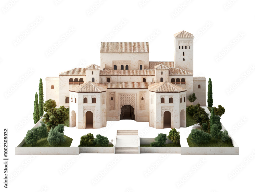 Fototapeta premium Detailed architectural model of historic castle with towers, greenery, and pathways, showcasing medieval design and intricate craftsmanship.