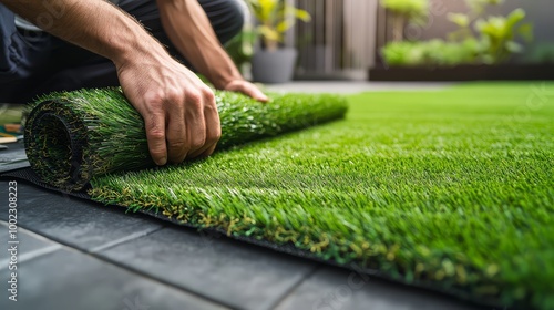 Person installing artificial grass in a garden. Close-up of hands rolling out green turf, transforming outdoor space with lawn installation. photo