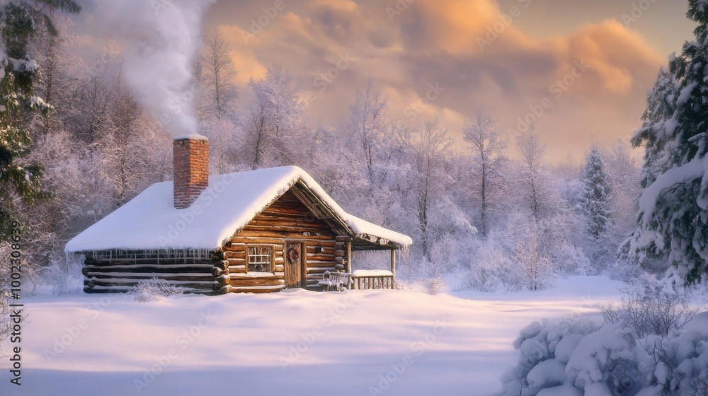 A Cozy Log Cabin nestled in a Snowy Winter Wonderland A Cozy Log Cabin nestled in a Snowy Winter Wonderland