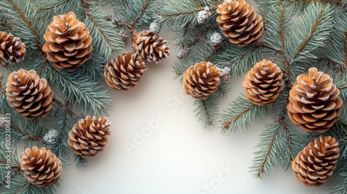 Pine cones and branches with snowy tips on white background.