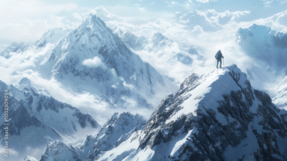 Obraz premium Solitary Figure on a Snow-Capped Mountain Peak