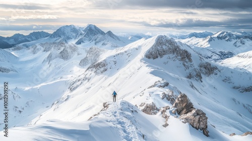 A lone hiker on a snowy mountain ridge with a panoramic view of a vast snow-covered mountain range under a cloudy sky.