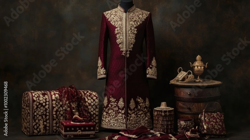 A richly designed wedding suit in maroon silk, adorned with golden embroidery and complemented by luxurious accessories.