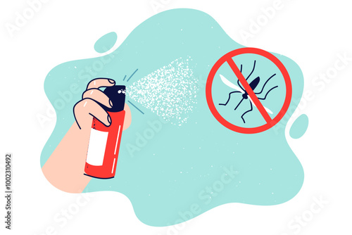 Spray for protection against mosquitoes in hand, near crossed out insect dying from insecticide