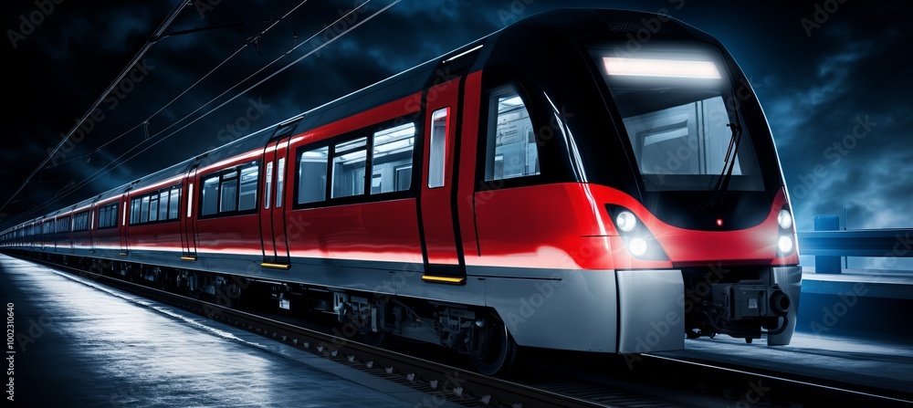 Fototapeta premium Nighttime urban transit system with a modern red train on tracks at a city station