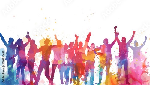 Colorful background with silhouettes of people celebrating on white background, watercolor vector illustration. Vector Illustration.