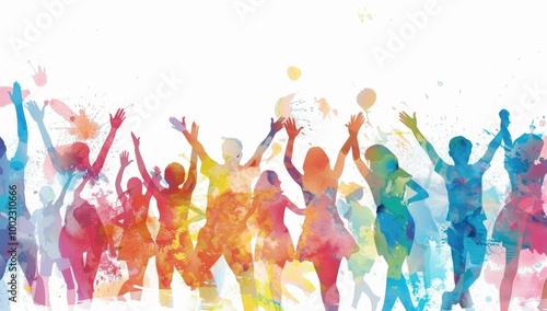 Colorful background with silhouettes of people celebrating on white background, watercolor vector illustration. Vector Illustration.