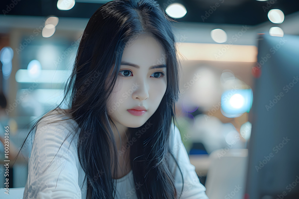 Focused young woman working on computer in a modern workspace with soft lighting Focused young woman working on computer in a modern workspace with soft lighting