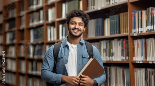 college student in library, a handsome young Indian man stands in front of bookshelves.