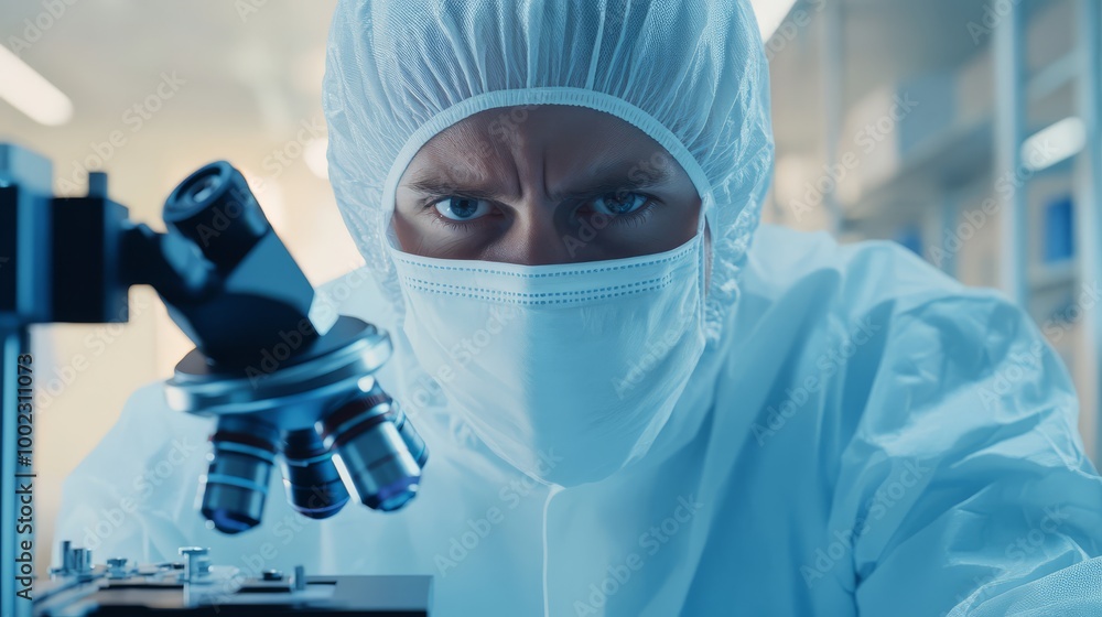 Scientist in a lab coat and mask examining a sample through a microscope in a high-tech laboratory setting. Scientist in a lab coat and mask examining a sample through a microscope in a high-tech laboratory setting.
