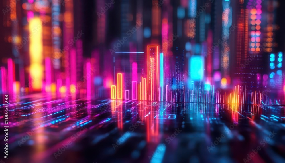 Business growth concept with ascending holographic graphs and neon-lit tech gadgets Futuristic Neon Hologram Business growth concept with ascending holographic graphs and neon-lit tech gadgets Futuristic Neon Hologram