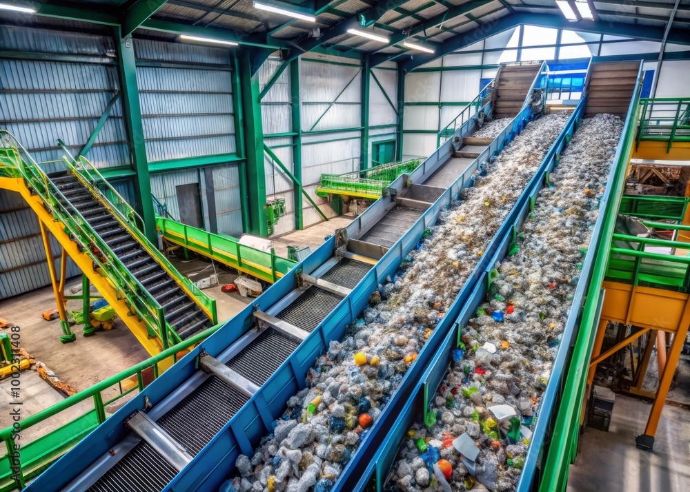 A modern recycling facility uses a conveyor belt system to efficiently transport sorted litter for processing, A modern recycling facility uses a conveyor belt system to efficiently transport sorted litter for processing,