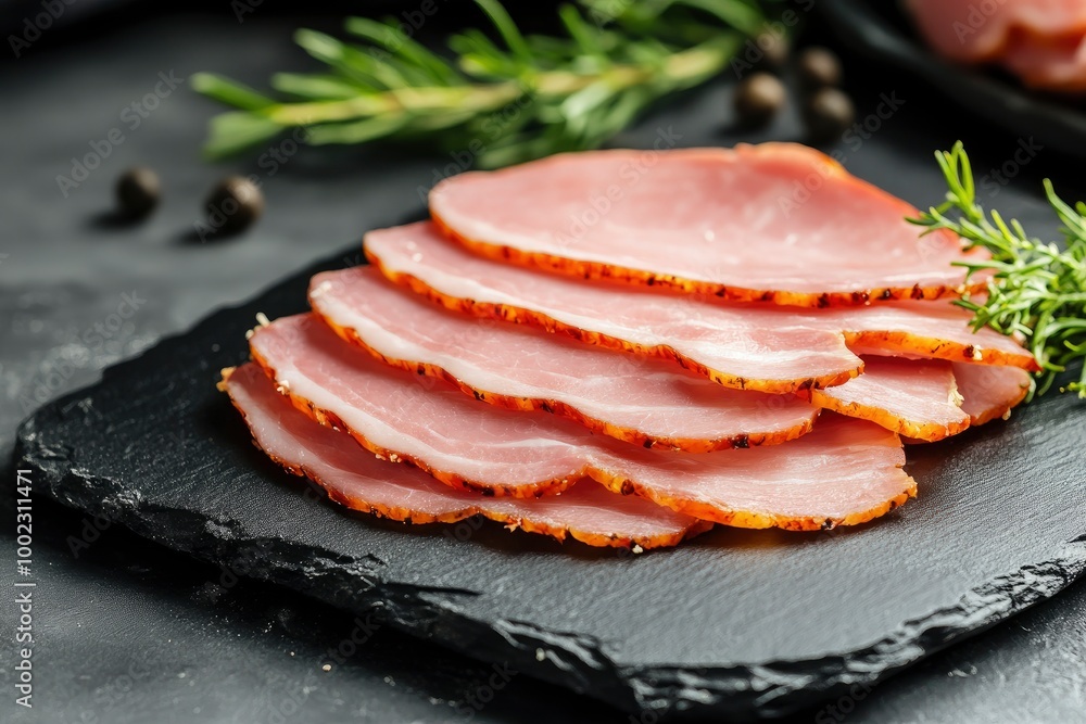 Slate plate with sliced baked ham, closeup - generative ai Slate plate with sliced baked ham, closeup - generative ai