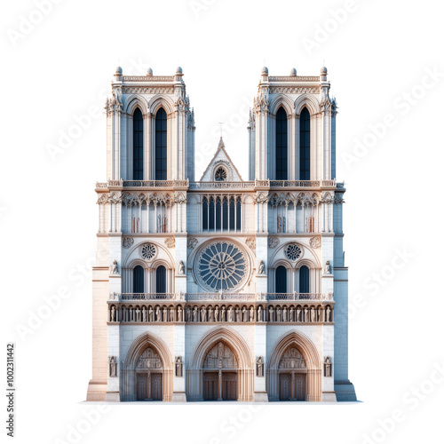 Front view of Notre-Dame Cathedral, a historic Gothic architecture landmark, famous for its twin towers and intricate facade in Paris, France.