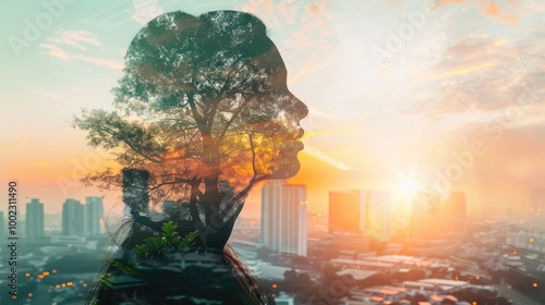 Double exposure of a woman and green energy concept, a silhouette with a tree in her head over a cityscape background. Double exposure.