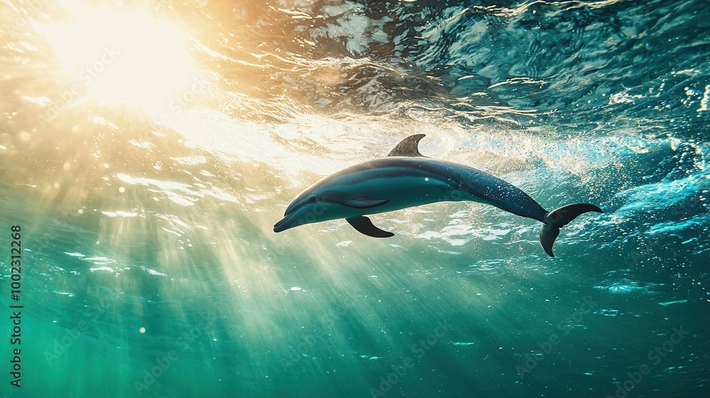 A dolphin gracefully swims in the brightly lit ocean, with its head above the water's surface and the sun shining down on its back A dolphin gracefully swims in the brightly lit ocean, with its head above the water's surface and the sun shining down on its back