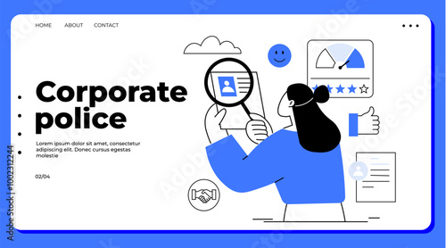 A woman holds a magnifying glass examining an employee profile. Icons such as charts, handshake, documents, and a thumbs-up accompany her, focusing on corporate policy and performance review. Ideal