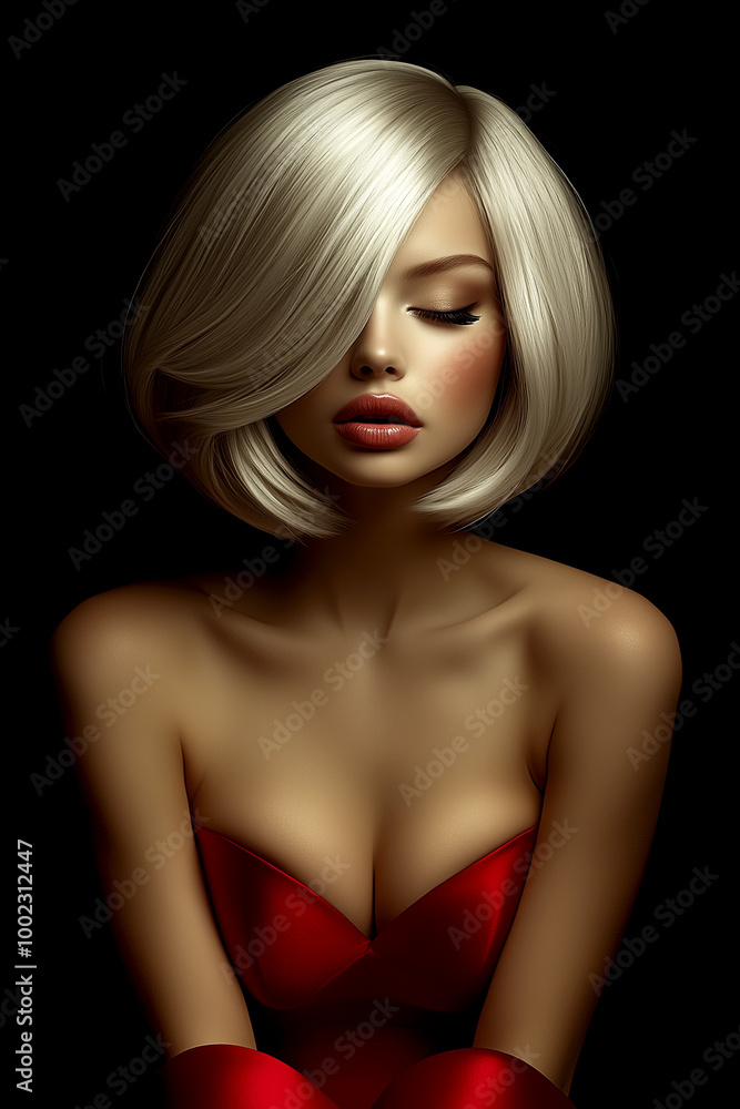 A woman with blonde hair and a red dress is sitting in a black background. The image has a moody and dramatic feel to it, with the woman's pose and the red dress creating a sense of intensity A woman with blonde hair and a red dress is sitting in a black background. The image has a moody and dramatic feel to it, with the woman's pose and the red dress creating a sense of intensity