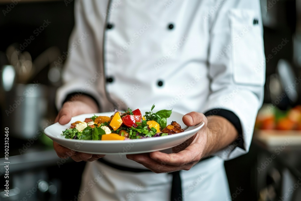 Chef Presenting a Plate of Fresh Salad with Colorful Vegetables Chef Presenting a Plate of Fresh Salad with Colorful Vegetables