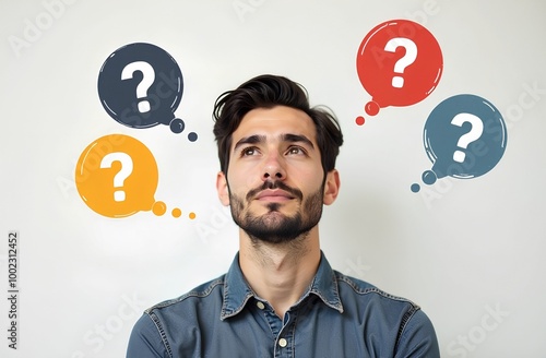 A thoughtful bearded man looks up at a light background, pondering the solution of questions