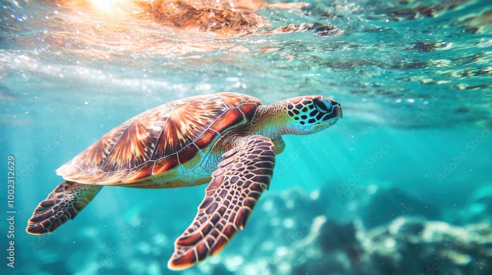 Fototapeta premium A turtle swims in sunlit water, its back illuminated by the sun