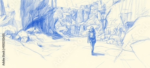 Sketch of a lone traveler wandering through rugged, rocky terrain, capturing solitude and adventure in intricate blue lines. photo