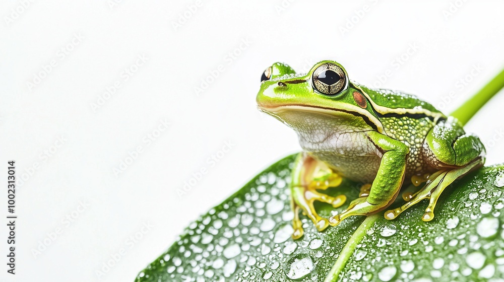 Obraz premium A close-up photo of a frog perched on a leaf with droplets of water on its surface, against a pure white backdrop