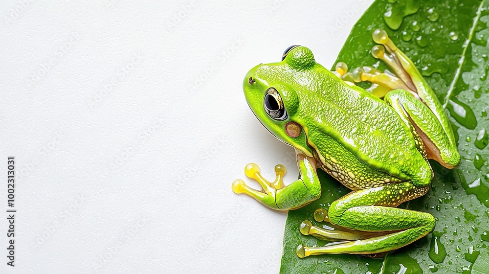 Fototapeta premium A close-up image of a frog perched on a leaf with water droplets on its back, against a white wall in the background