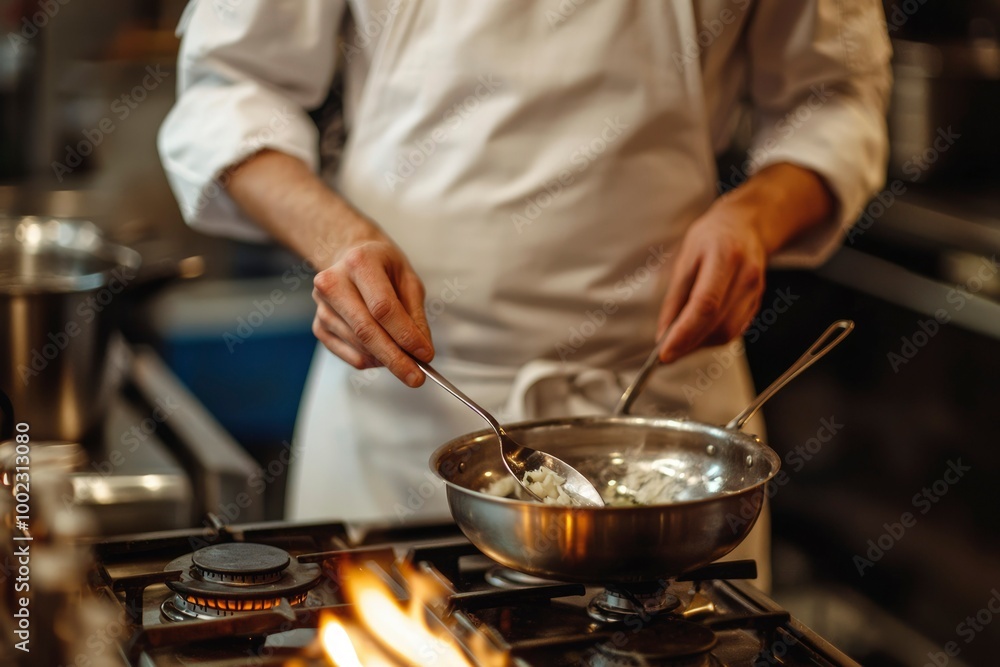 Chef Stirring Food in a Pan on a Stovetop with Flames Visible Chef Stirring Food in a Pan on a Stovetop with Flames Visible