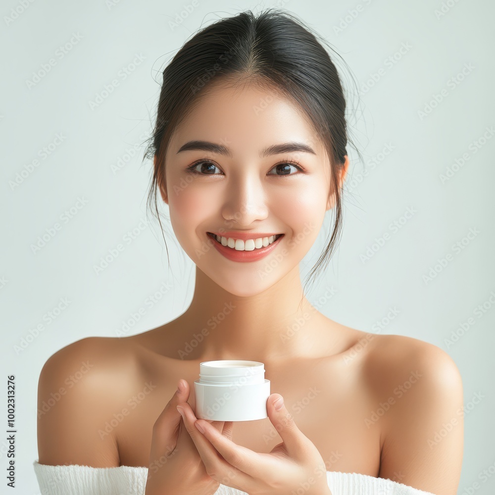 Smiling young woman holding a skincare cream jar, promoting beauty and skincare products with a clean and fresh background. Smiling young woman holding a skincare cream jar, promoting beauty and skincare products with a clean and fresh background.