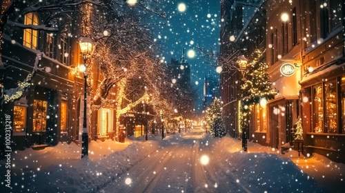 Snowfall on a Snowy Street at Night with Christmas Lights and Illuminated Windows