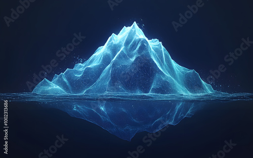 Abstract glowing digital iceberg in dark water with reflection and particles
