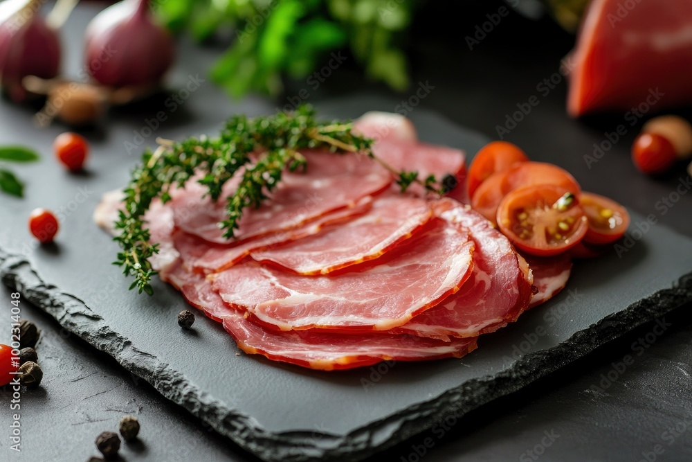 Slate plate with sliced baked ham, closeup - generative ai Slate plate with sliced baked ham, closeup - generative ai