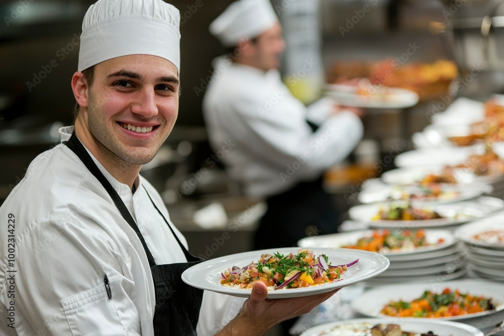 Chef in White Uniform Holds Plate of Salad in Restaurant Kitchen Chef in White Uniform Holds Plate of Salad in Restaurant Kitchen