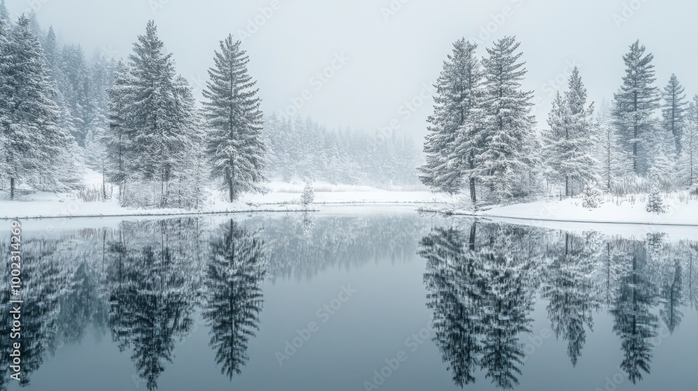 Snow-Covered Pine Trees Reflected in a Still Lake on a Foggy Day Snow-Covered Pine Trees Reflected in a Still Lake on a Foggy Day
