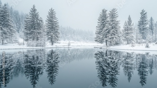 Snow-Covered Pine Trees Reflected in a Still Lake on a Foggy Day