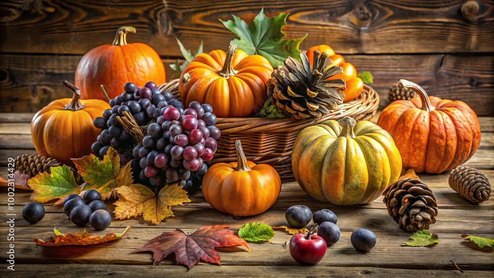 A rustic wooden table showcases a charming autumnal display of pumpkins, grapes, and pine cones, celebrating the A rustic wooden table showcases a charming autumnal display of pumpkins, grapes, and pine cones, celebrating the
